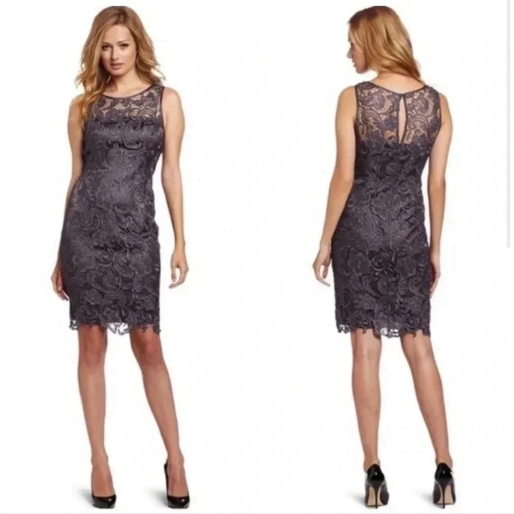 Adrianna Papell Illusion Neck Gray Lace Sheath Dress with Keyhole Back sz 8